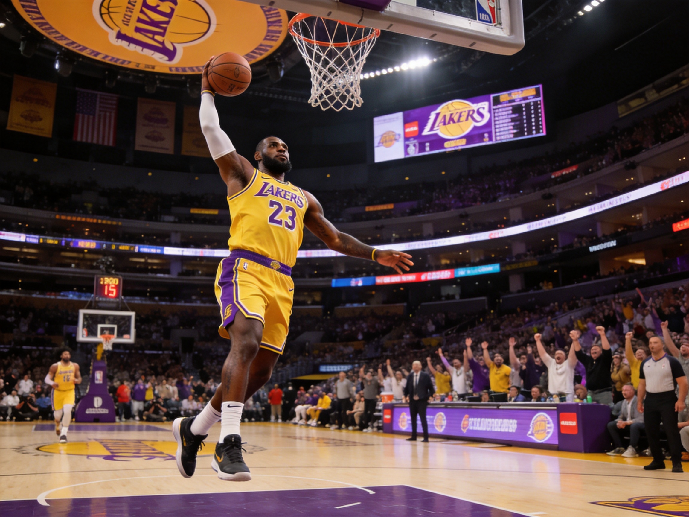 NBA常规赛湖人队詹姆斯暴扣精彩瞬间